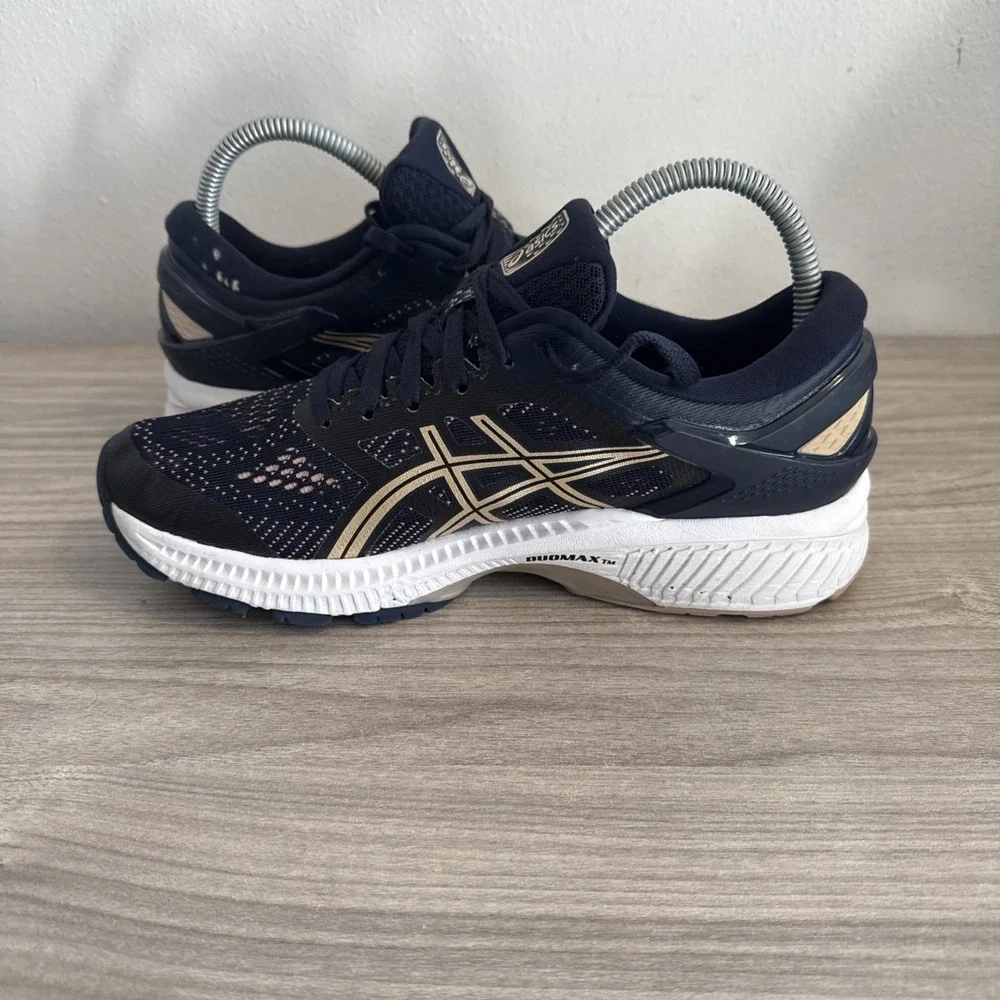ASICS Gel Kayano 26 Flyte Foam Running Train Gym Shoes Navy/Gold Women's Sz 8